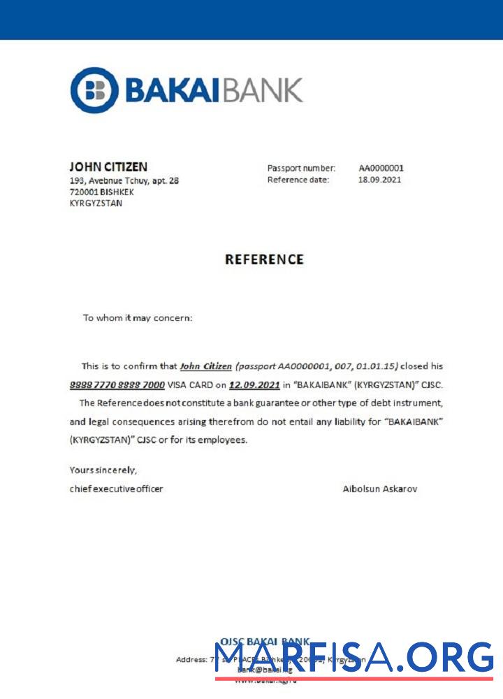 Realistic Kyrgyzstan OJSC Bakai Bank closure reference template